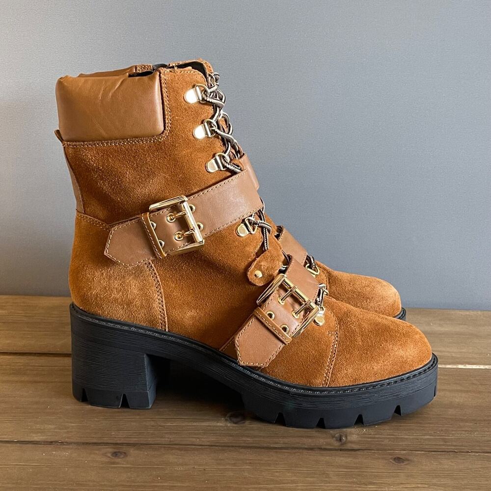 Aqua Genie Women's Size 9.5 M Suede Zip Platform Combat Boots Cognac Brown New